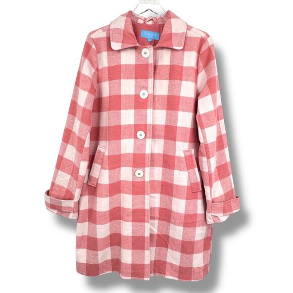 Draper James coat women's L gingham plaid button front collared pink white NEW - Picture 2 of 11